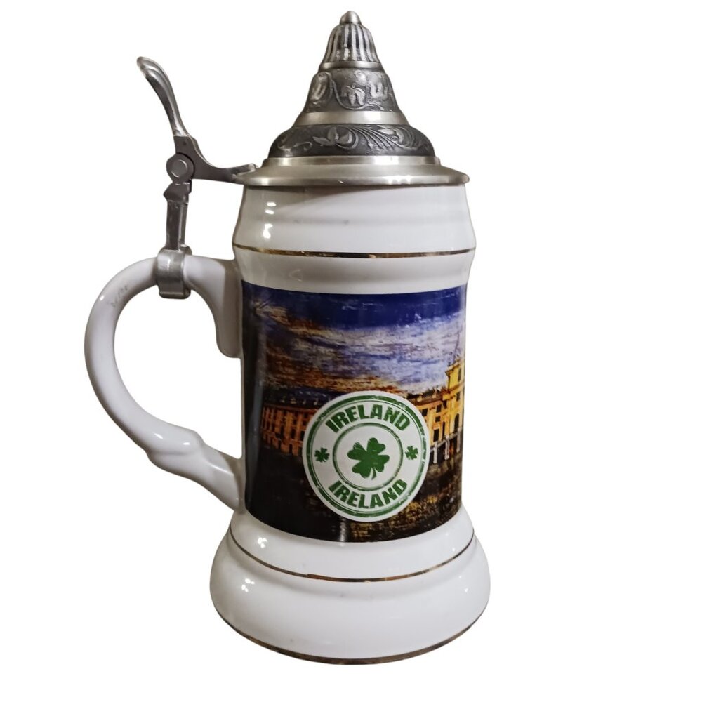 Ireland Ceramic Beer Stein  Pewter Style Flip Lid Beers Of The World Souvenir